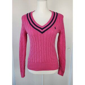 Ralph Lauren Sport Women's Pink Blue V Neck 100% Cotton Cable Knit Sweater, Med